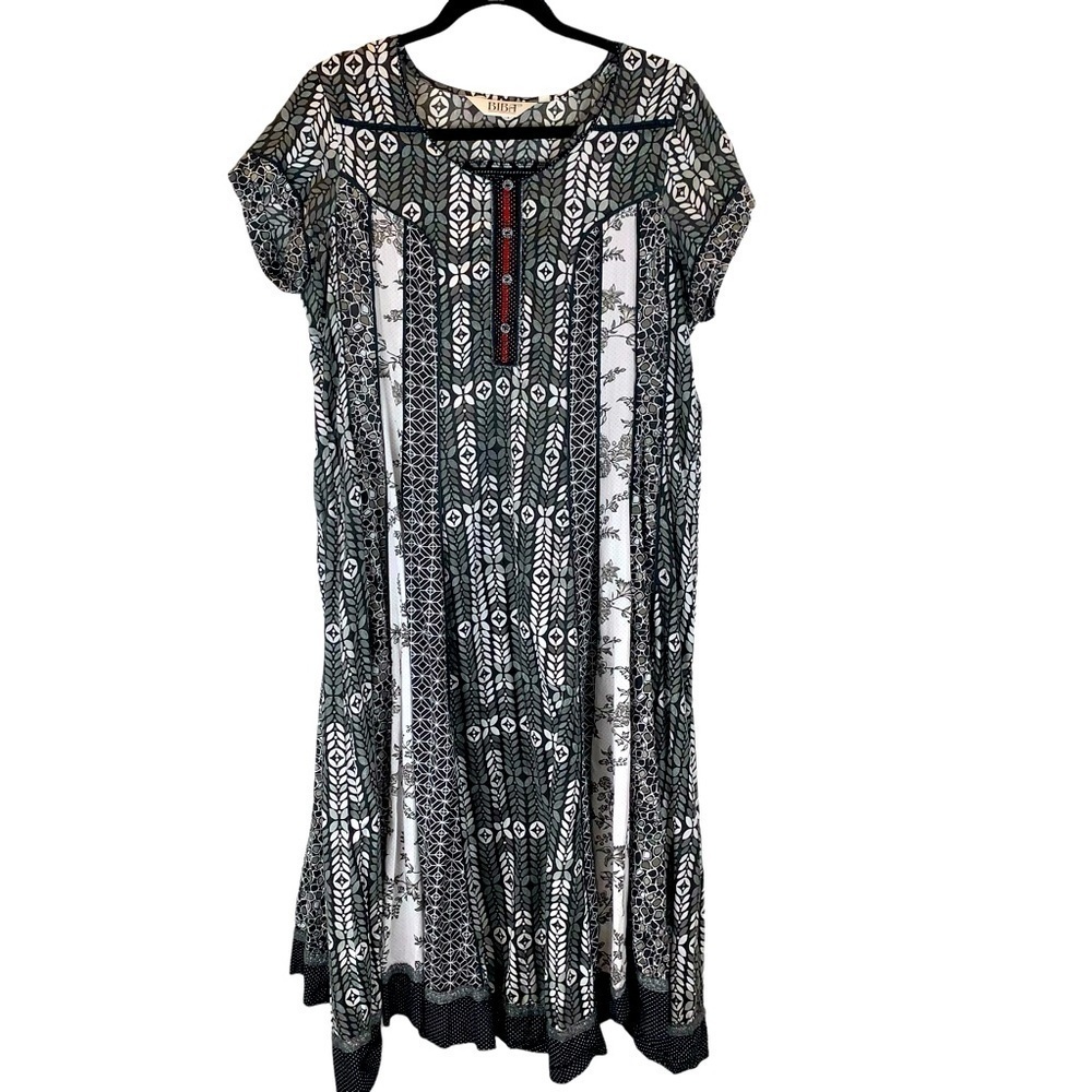 Vintage Biba Black White Multipattern Boho Peasant Midi Maxi Dress sz M/L